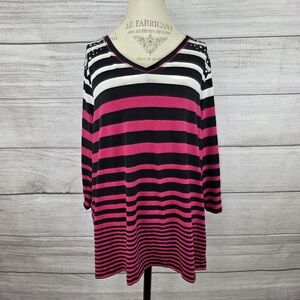 Onque Casuals V-Neck Striped Embellished Tunic - Black, White, Pink